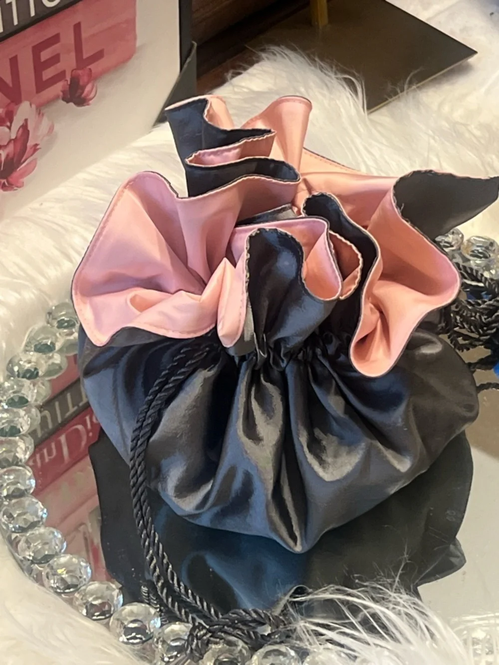 ANNICK GOUTAL Italy Elegant Satin gray and Pink Ruffle travel makeup bag